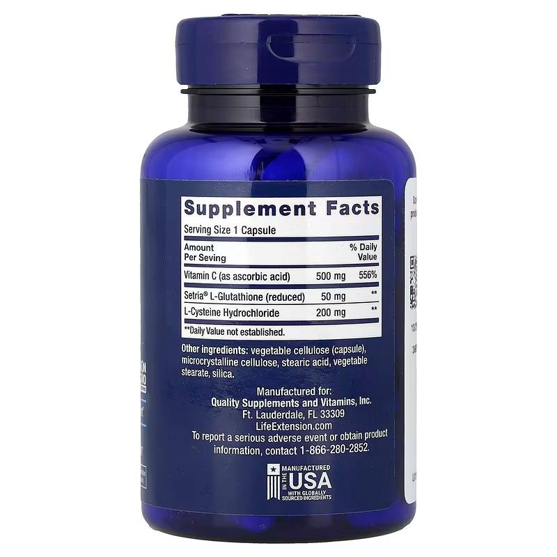 Life Extension — Supplement Facts panel (Vitamin C 500 mg, Setria® L-Glutathione 50 mg, L-Cysteine HCl 200 mg)